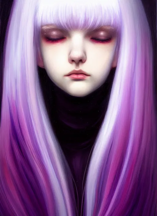 Image similar to hair whitebangs hair, black hair, whitebangs, portrait of teenage girl with white bangs, red irises, purple clothes, white bangs, bangs are different color from hair, intricate, elegant, glowing lights, highly detailed, digital painting, artstation, concept art, smooth, sharp focus, illustration, art by wlop, mars ravelo and greg rutkowski