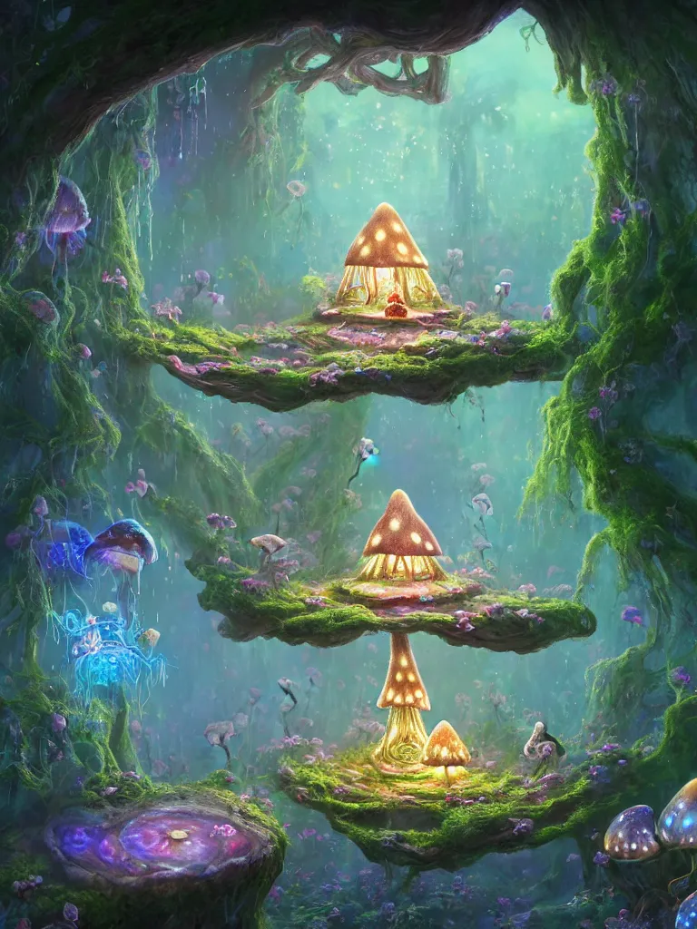 Image similar to the interior of a celestial dainty fairy cottage in a bioluminescent tree trunk decorated beautifully, lots of cute fairy design elements like toadstool mushrooms and cyberpunk robots, warm sunlight shining in, lots of plants and flowers, concept art 8 k resolution, fantasy illustration, sharp focus, detailed painting, deep color, volumetric lighting, crepuscular rays