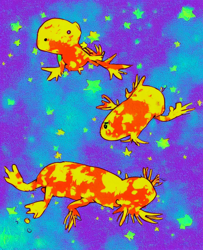 Image similar to cute axolotl floating in space, oil pastel art, organic digital art, 3 d hd high definition render, in the style of warhol 7 0 ’ s