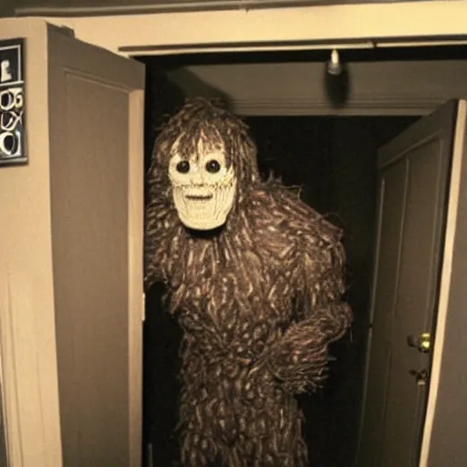 Prompt: grainy photo of doctor who as a creepy monster in a closet, harsh flash