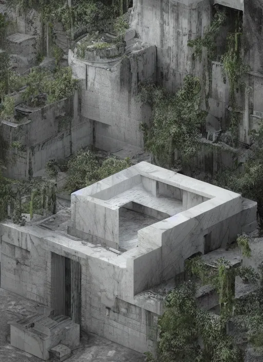 Image similar to “an Aerial view of a cenotes-like modernism Calidarium with marble quarry interior designed by GiuseppeTerragni , Danteum, Dearmcore, abandoned Architecture, hyper-realistic, dark and moody, highly detailed, hyper-realistic, environment, dramatic lighting, octane rendering, vray, unreal engine, cinematic view, 8k”