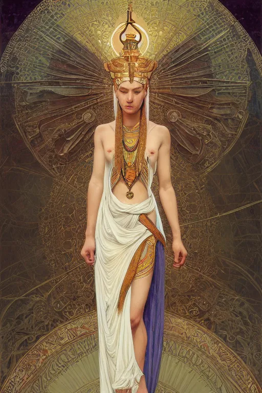 Image similar to a full body portrait of a beautiful ethereal delicate egyptian mage queen meditative sacral pose catholic stages of the cross, intricate, elegant, highly detailed, digital painting, artstation, concept art, smooth, sharp focus, illustration, art by krenz cushart and artem demura and alphonse mucha