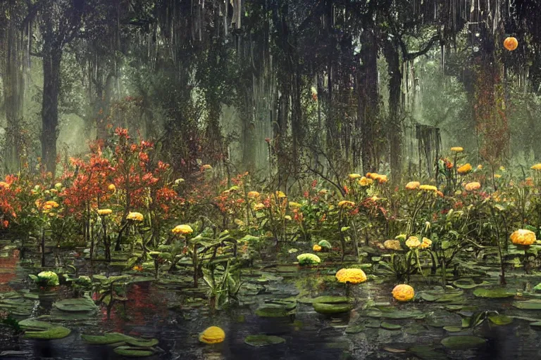 Prompt: hyperrealism, scene from starship, louisiana swamps, orange blooming flowers garden, true detective, 8 k, 8 0 s japanese sci - fi books art