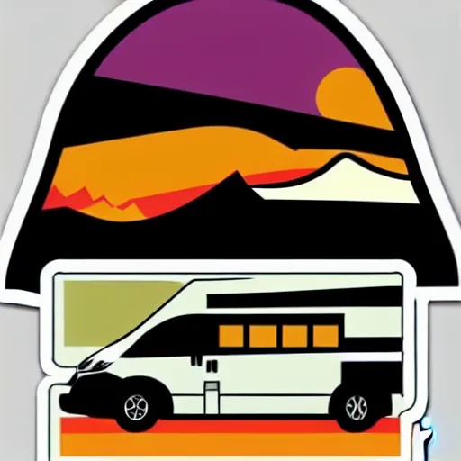 Image similar to minimal vector art sticker of a white and black cute thor chateau! motorhome camper!!, mountains, colorful sunset!!, dramatic, warm happy colors, thick lines, very minimal vector art, sticker!! by tom whalen