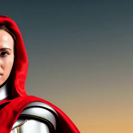 Image similar to headshot of a beautiful female soldier in glossy sleek white armor and a long red cape, looking up at camera, determined expression, no helmet, on the surface of mars, night time, cinematic, sci-fi, hyperrealistic