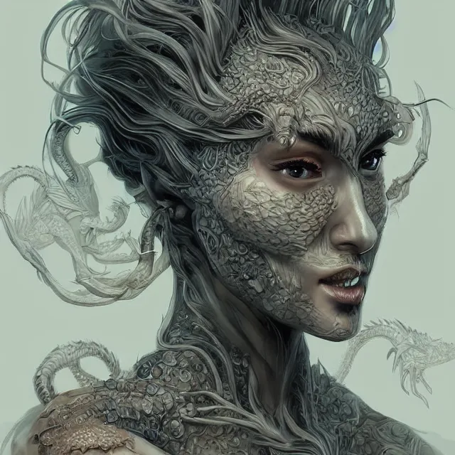 Image similar to digital art, centered portrait dragon with short hair, face made with intricate roots, by james jean and by artgerm, by ross tran, ultradetailed, charachter design, concept art, trending on artstation,