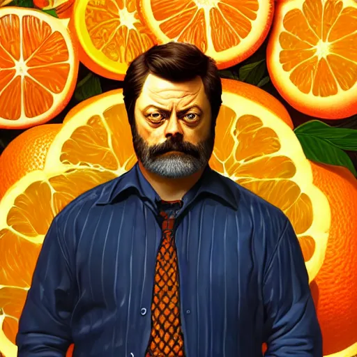 Prompt: portrait nick offerman as an oranges! citrus fruit hybrid mix, sci - fi and fantasy, intricate highly detailed digital painting, artstation, concept art, smooth and sharp focus, illustration, art by tan zi and ayanamikodon and alphonse mucha and wlop