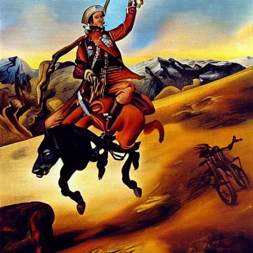 Image similar to Napoleon Crossing the Alps on a Harley Davidson , Salvador Dali style , oil painting