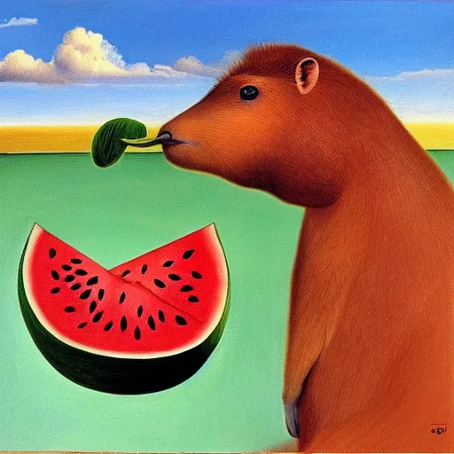 Prompt: Surrealist oil painting of a capybara enjoying a watermelon, as painted by Salvador Dali