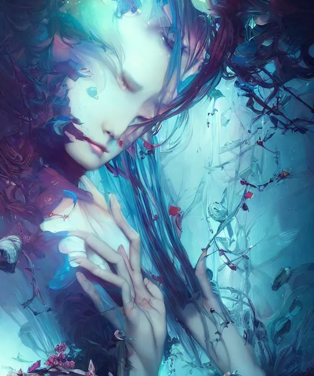 Image similar to a beautiful dream muse trapped in a nightmare, by android jones and guweiz and ross tran and ilya kuvshinov, trending on artstation