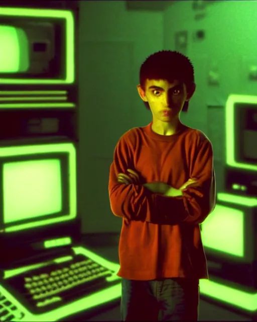 Prompt: 8k professional photo of an 8 years old enlightened and scared boy standing in front of an old computer from 90s with a game doom2 at the monitor screen in a vaporwave space, still from a movie by Gaspar Noe and James Cameron
