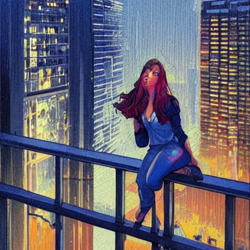 Image similar to a beautiful artwork of a woman in jeans and white shirt sitting on the balcony of a hotel at night, top view, neon and rainy theme atmosphere by Jerome Opeña, featured on artstation