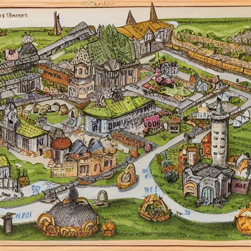 Image similar to map of a fantasy city with a castle, a tempme and a market. very detailed.