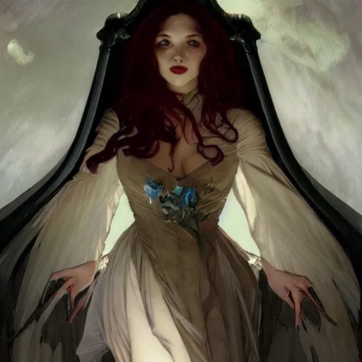 Image similar to portrait of a menacing beautiful vampire, top half of body, by Stanley Artgerm Lau , greg rutkowski, thomas kindkade, alphonse mucha, loish, norman rockwell, J. C. Leyendecker. bright white hair, pale skin, angry complexion, beautiful detailed eyes, black rose frame. D&D, fantasy. Trending on artstation rule of thirds extremely detailed old illustration hd 4k