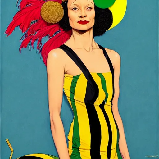 Image similar to art by joshua middleton, a medium shot portrait of the golden creeper, a tall manically smiling yellow - skinned woman with green and black striped cycling shorts and wearing a long red and black striped ostrich feather boa, the actress thandie newton, yellow makeup, mucha, kandinsky, poster, art deco motifs, comic art, stylised design, scarlet feather boa