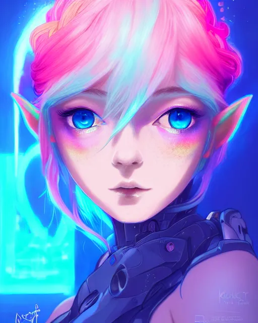 Image similar to art championship winner trending on artstation portrait of a goddess elven mecha warrior princess, head and shoulders, blue hair, matte print, pastel pink neon, cinematic highlights, lighting, digital art, cute freckles, digital painting, fan art, elegant, pixiv, by Ilya Kuvshinov, daily deviation, IAMAG, illustration collection aaaa updated watched premiere edition commission ✨✨✨ whilst watching fabulous artwork \ exactly your latest completed artwork discusses upon featured announces recommend achievement