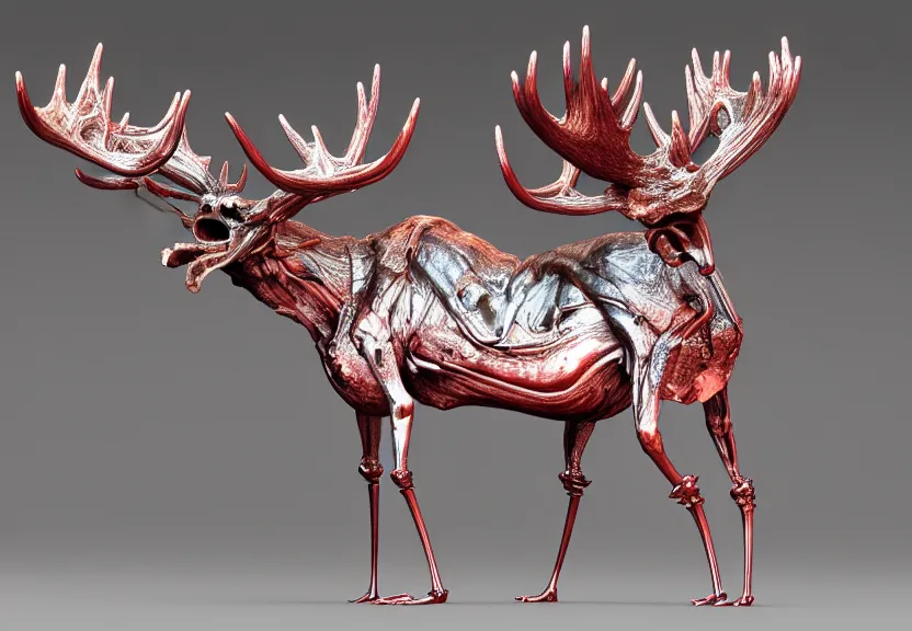 Image similar to stylized shiny polished silver statue full body bizarre extra limbs cosmic horror quadruped animal moose deer skull four legs made of marble of slug worm creature tendrils perfect symmetrical body perfect symmetrical face hyper realistic hyper detailed by johannen voss by michelangelo octane render blender 8 k displayed in pure white studio room anatomical deep red arteries veins flesh animatronic