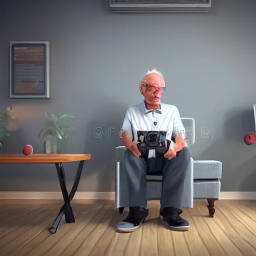 Prompt: Old man having a very intensive video game session, 3D render, high resolution