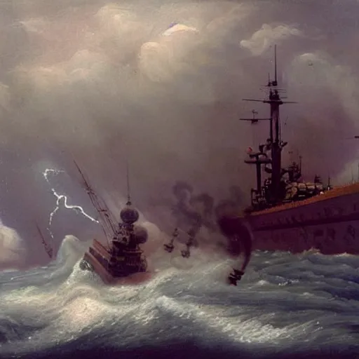Prompt: a sea serpent attacking a battleship in the victorian time ( oil painted, beautifully painted by a good artist, highly detailed, good quality painting )
