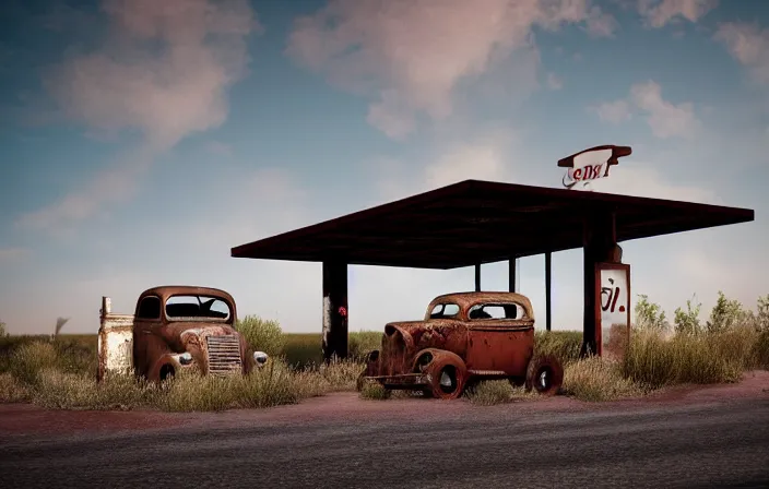 Image similar to A landscape with historical route66 with abandoned gas station and a single old rusty pickup-truck. the summer light dimly illuminates, diffuse light, octane render, lots of sparkling details and sun ray’s, blinding backlight, smoke, volumetric lighting, 35 mm, beautiful reflections, heavenly, softlight