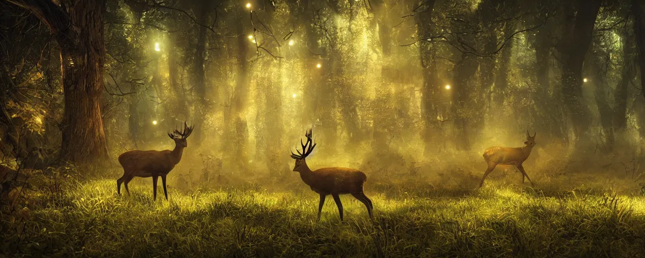 Image similar to deer in an ethereal forest made from glowing circuits and electronics, highly detailed concept art, 3 d, volumetric lighting