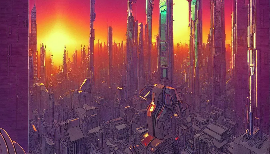 Image similar to the origine of cybertimes, metahumans and androids, fractals, cyberpunk city well, visual development by jean giraud and moebius, incal!!!!!!, dynamic lighting