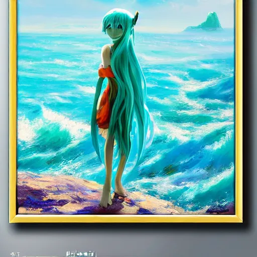 Prompt: Beautiful abstract impressionist painting of Hatsune Miku on a cliff looking calmly at the sea, hatsune miku official artwork, danbooru, oil painting by Antoine Blanchard, wide strokes, pastel colors, soft lighting sold at an auction