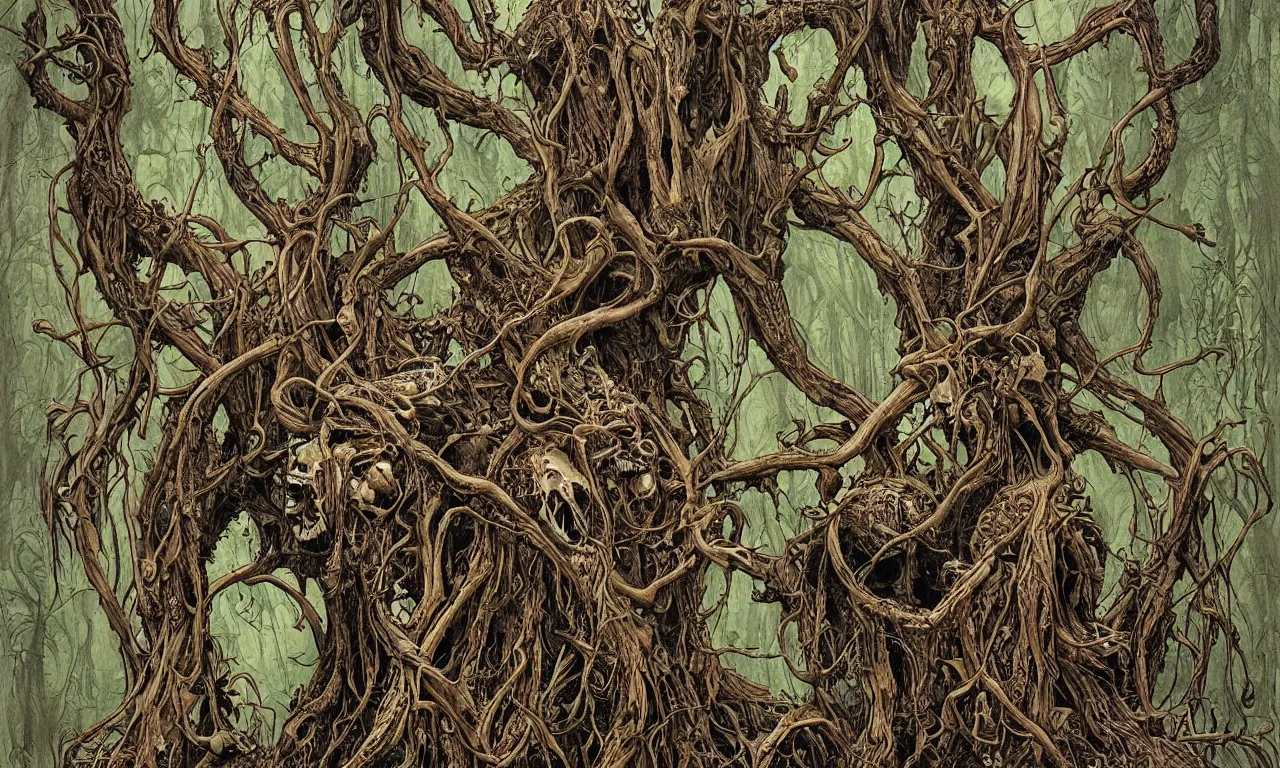 Image similar to hyperdetailed art nouveau portrait of treebeard and old groot as a cthulhu eyeball moose skull wendigo swamp thing cryptids, by michael kaluta, simon bisley and bill sienkiewicz, photorealism, claws, skeleton, antlers, fangs, forest, wild, bizarre, scary, lynn varley, lovern kindzierski, steve oliff