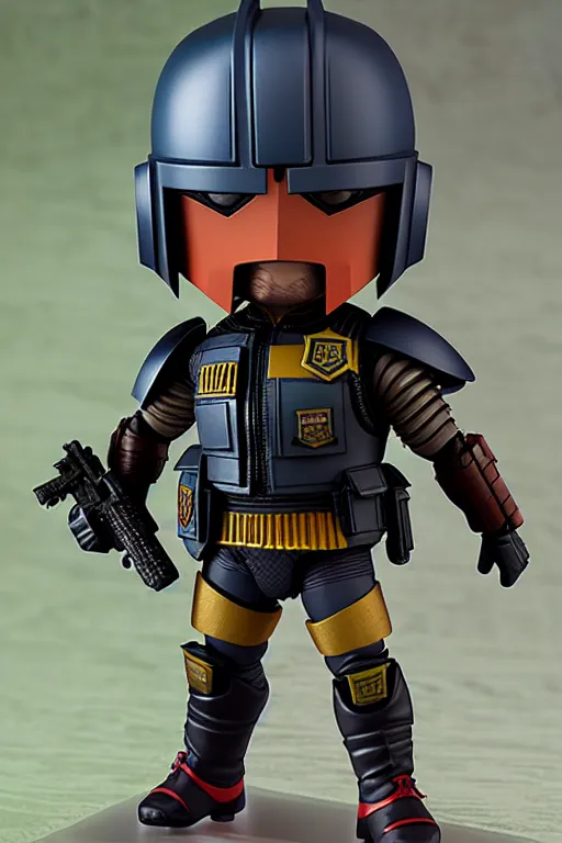 Image similar to nendoroid judge dredd action figure, collectible | | realistic shaded, fine details, realistic shaded lighting poster by greg rutkowski, diego gisbert llorens, magali villeneuve, artgerm, jeremy lipkin and rob rey