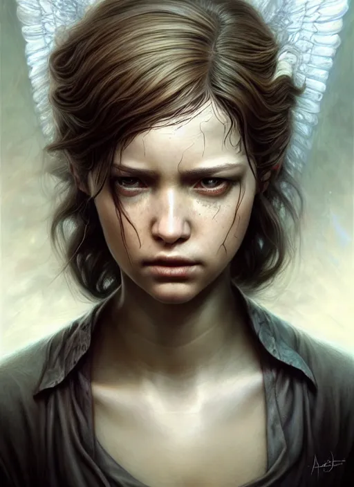 Prompt: abby from last of us 2 as an angel, aesthetic, fine art, intricate, elegant, highly detailed, realistic hair, centered, digital painting, art station, conceptual art, soft, sharp focus, illustration, artwork, artgerm, tomasz alen kopera, peter mohrbacher, donato giancola, wlop, boris vallejo