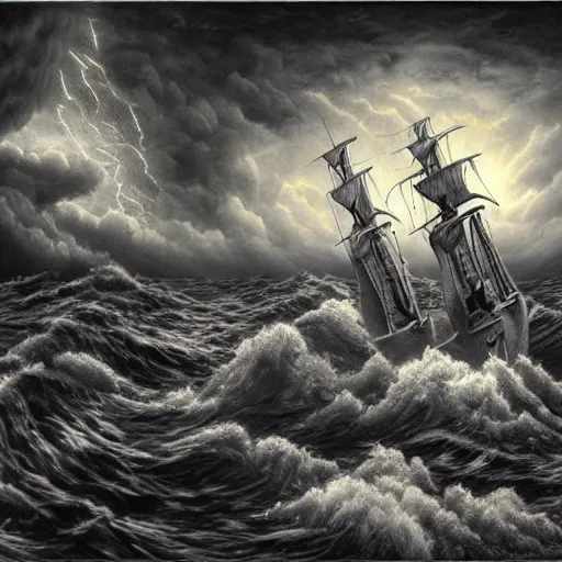 Image similar to a highly detailed hyperrealistic scene of a ship being attacked by giant squid tentacles, jellyfish, squid attack, dark, voluminous clouds, thunder, stormy seas, pirate ship, dark, high contrast, artgerm, soft focus, sharp, MC Escher, bright light