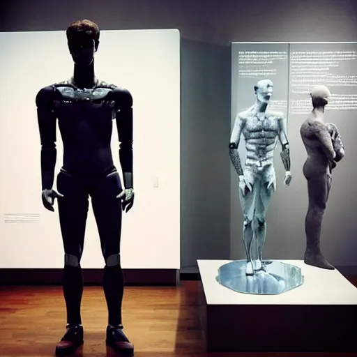 Image similar to “a realistic detailed photo of a guy who is an attractive humanoid who is half robot and half humanoid, who is a male android, actor Liam Hemsworth, shiny skin, posing like a statue, blank stare, at the museum, on display”