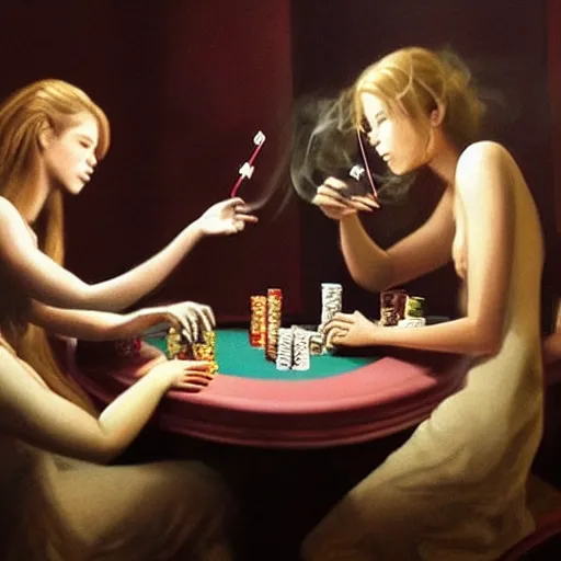 Image similar to female angels smoking pot and playing poker in a dark room, cinematic