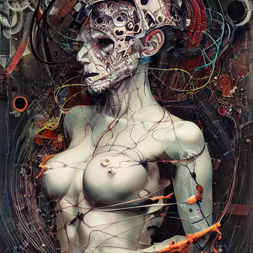 Image similar to rona mitra as a cyberpunk noir detective, skulls, wires cybernetic implants, machine noir grimcore, in the style of adrian ghenie esao andrews jenny saville surrealism dark art by james jean takato yamamoto and by ashley wood