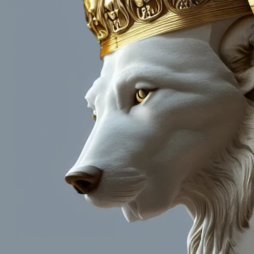 Prompt: side portrait of a wolf in the form of a greek sculpture in marble, with a gold crown, baroque elements in the background, museum. photorealistic. ultra detailed. flash. intricate artwork by miguel angel. octane render. cinematic. 4 k. bokeh.