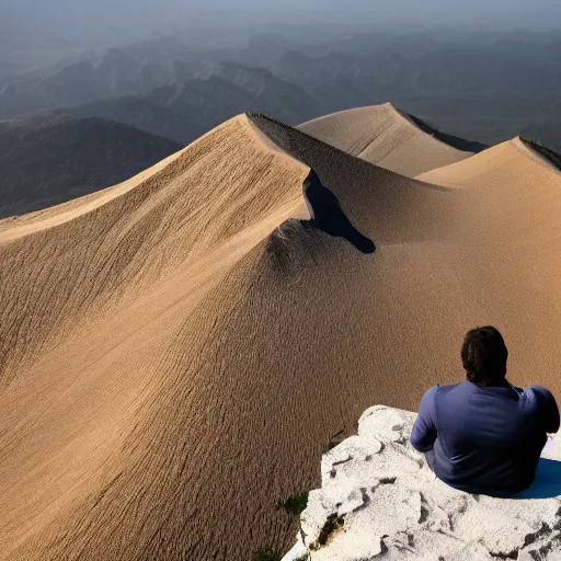 Image similar to man sitting on top peak mountain cliff looking at huge sand tornado