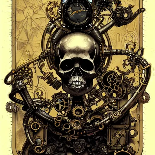 Image similar to skull, steampunk, black paper, gold details, tarot card, by peter mohrbacher, by marc simonetti, by mike mignola, detailed, intricate ink illustration 7 0 4