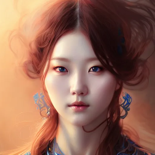 Image similar to Portrait of female korean idol, D&D, blue eyes, face, fantasy, intricate, elegant, highly detailed, digital painting, artstation, concept art, smooth, sharp focus, illustration, art by artgerm and greg rutkowski and alphonse mucha