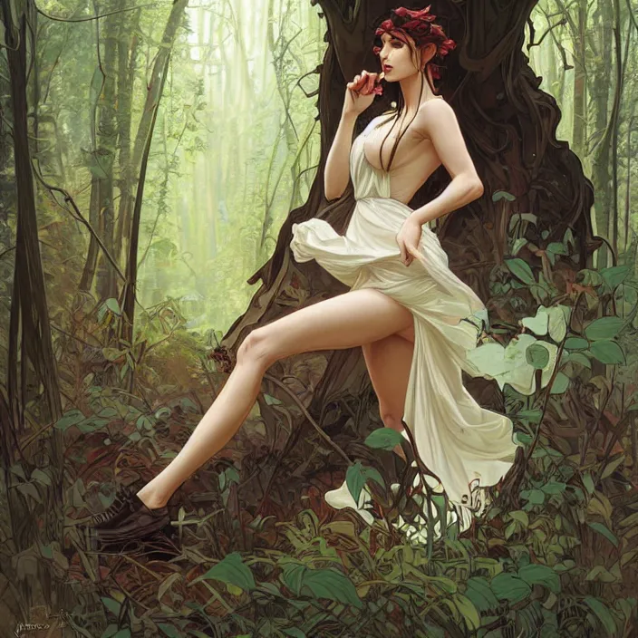 Image similar to lena oxton in a forest by artgerm, greg rutkowski, alphonse mucha