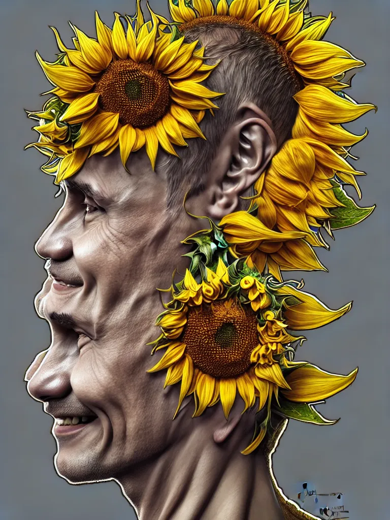 Image similar to digital art, centered full body of Putin smiling king, Sunflower crown, ,intricate, veins, by James Jean and by artgerm , by ross tran ultradetailed, charachter design, concept art, trending on artstation,