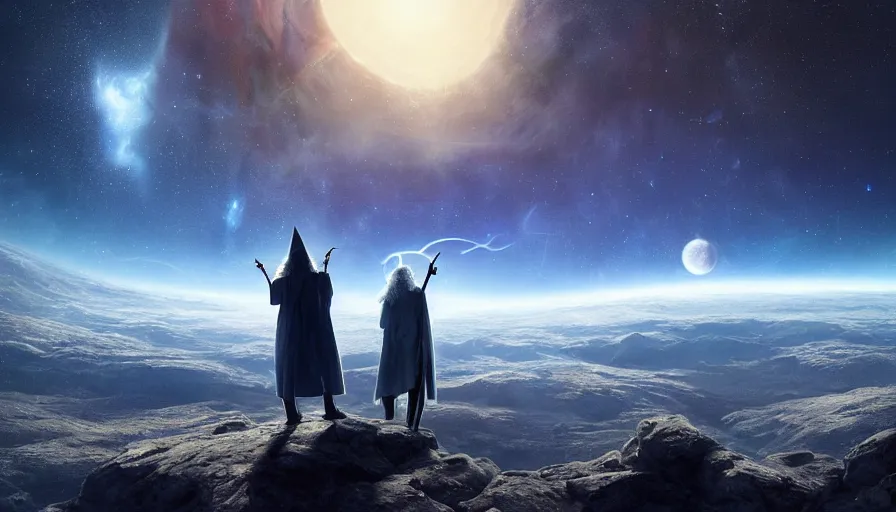 Prompt: a beautiful painting of gandalf watching ngc 6 3 0 2 in the sky of an alien world, ray traced lighting by jean kalin popov and greg rutkowski