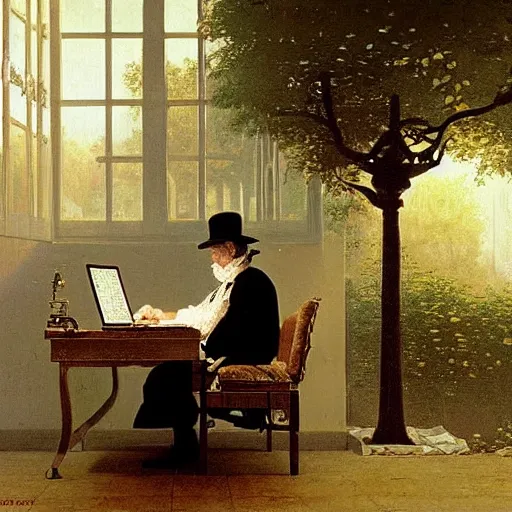 Prompt: time-travelling magician coding a new server architecture on a digital computer from the 21st century, intricate oil painting by Carl Spitzweg