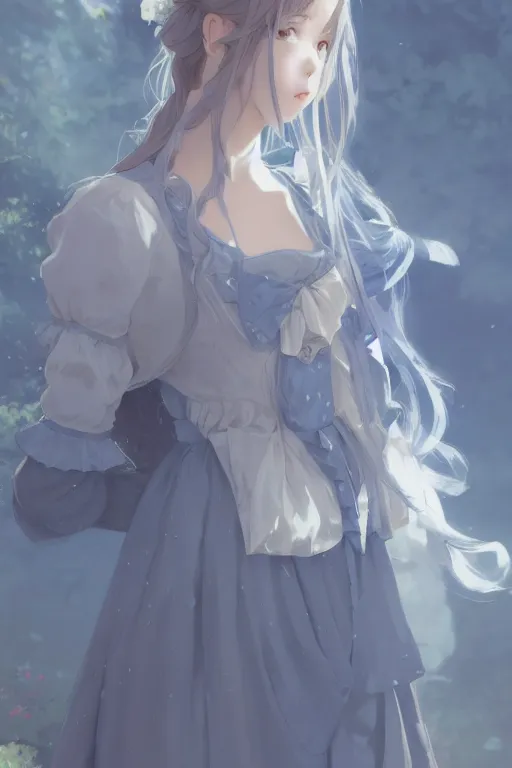 Image similar to a character design of a young lolita dressed girl, full body, grey and blue theme, wavy white long hair by krenz cushart and mucha and akihito yoshida and makoto shinkai and greg rutkowski, 4 k resolution