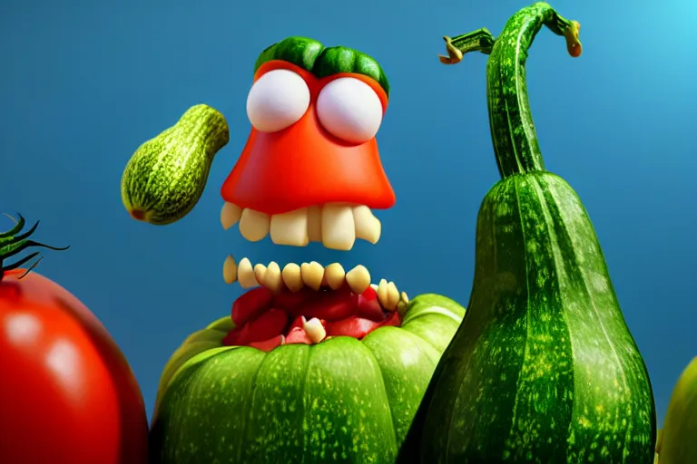 Prompt: detailed 3 d render of a mad zucchini with a long sword chasing after a tomato character, hyper realistic octane render, cinematic lighting, wide angle, nightmare, adult pixar surrealism