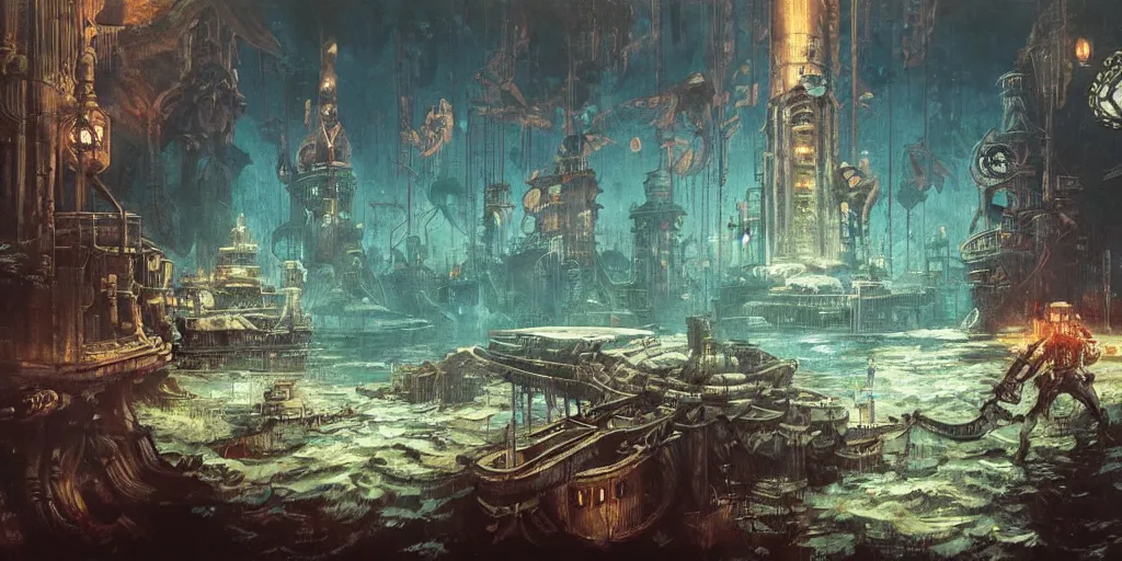 Image similar to concept art of a underwater city, bioshock style, rapture, dark atmosphere, hanafuda oil on canvas by ivan shishkin, james jean and yoji shinkawa