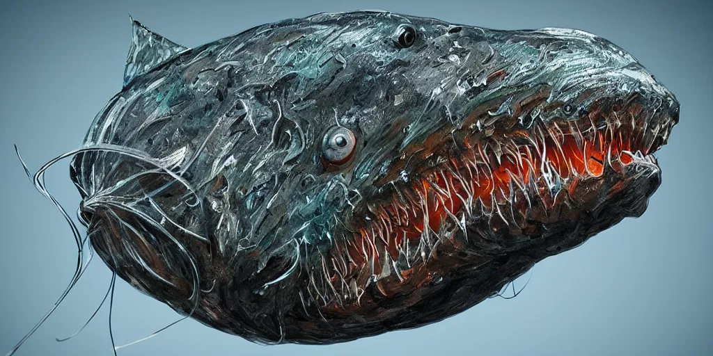 Image similar to angler fish sculpture, stylized layered shapes, long flowing fins, bioluminescent orbs, diffuse lighting, glowing eye, intricate, elegant, highly detailed, lifelike, photorealistic, digital painting, artstation, smooth, sharp focus, art by h r giger