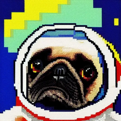 Image similar to pixel art, oil canvas, highly detailed, astronaut pug in space.