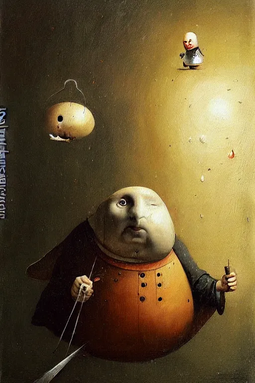 Image similar to hieronymus bosch greg rutkowski, oil painting of humpty dumpty, round head