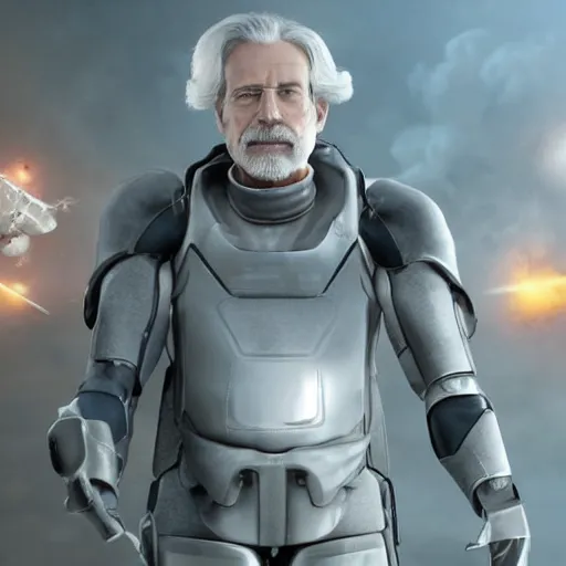 Image similar to movie photograph of an old man who is a veteran of many futuristic wars with short gray hair and blue eyes. he is wearing a light gray futuristic suit of heavy combat armor and holding a blaster in one hand and a plaster plasma - proof shield in the other. riding a white armored motorcycle charging into enemy lines while firing plasma bolts. futuristic battle.