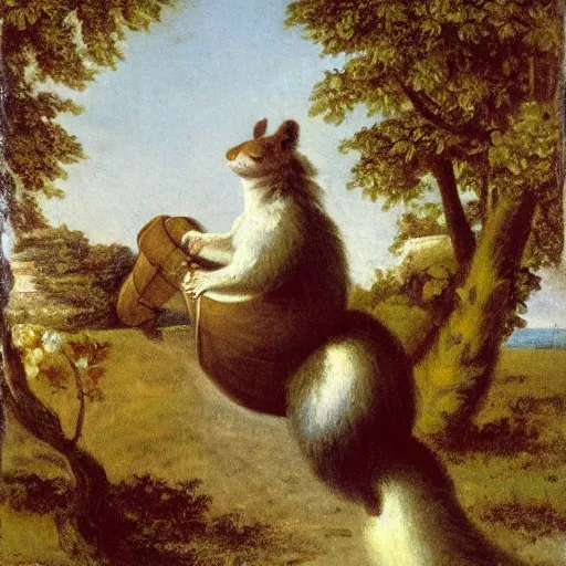 Image similar to a giant fluffy squirrel carrying napoleon bonaparte on its back, beach scene with flowers and foliage, detailed oil painting